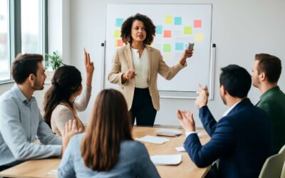 Iconic image of facilitator: guiding a dynamic workshop to spark ideas.